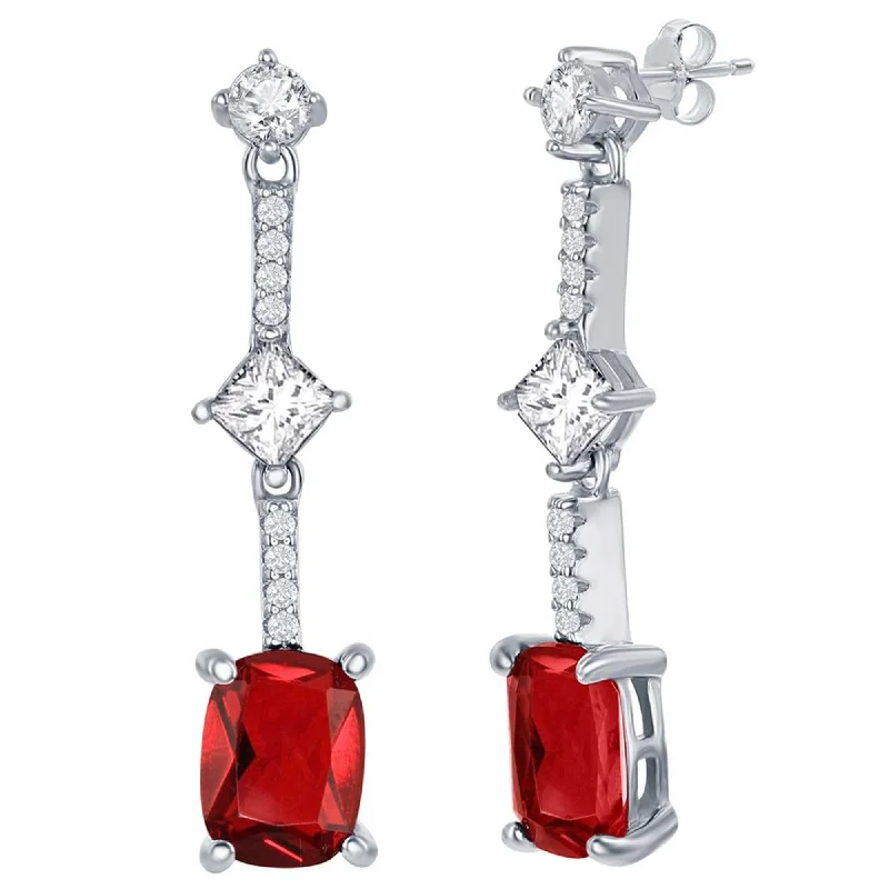 Women's emerald earrings-Classic Women's Earrings - Sterling Silver White and Ruby Cushion-Cut CZ | D-7840