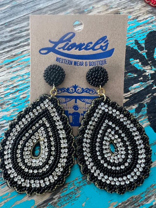 Women's unique rings-Black Beaded Crystal Teardrop Fashion Earring