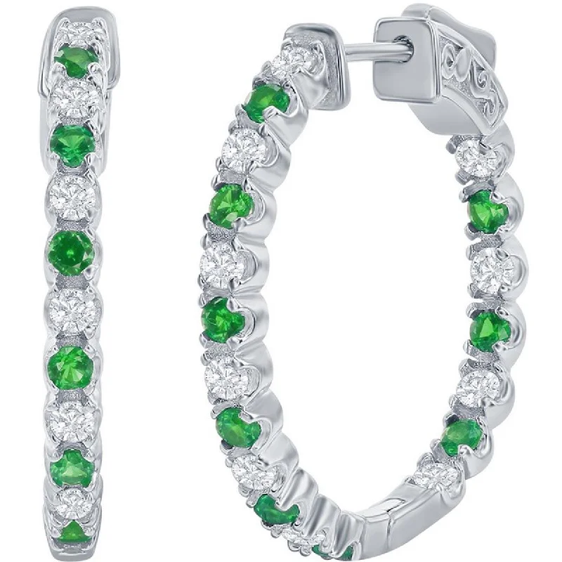 Women's crystal earrings-Classic Women's Earrings - Silver 3x25mm Created Emerald and White Sapphire | D-7960