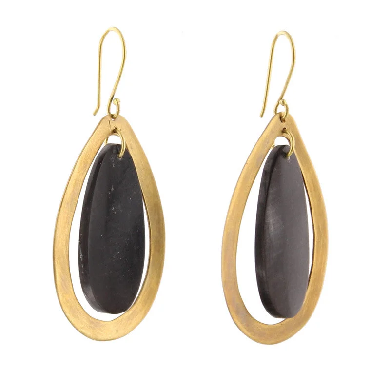 Women's DNA rings-Banjar Floating Teardrop Earring - Dark Horn, Brass