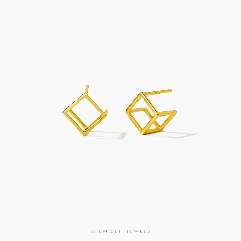 Women's fingerprint earrings-3D Cube Studs Earrings, Unisex, Gold, Silver SHEMISLI - SS967