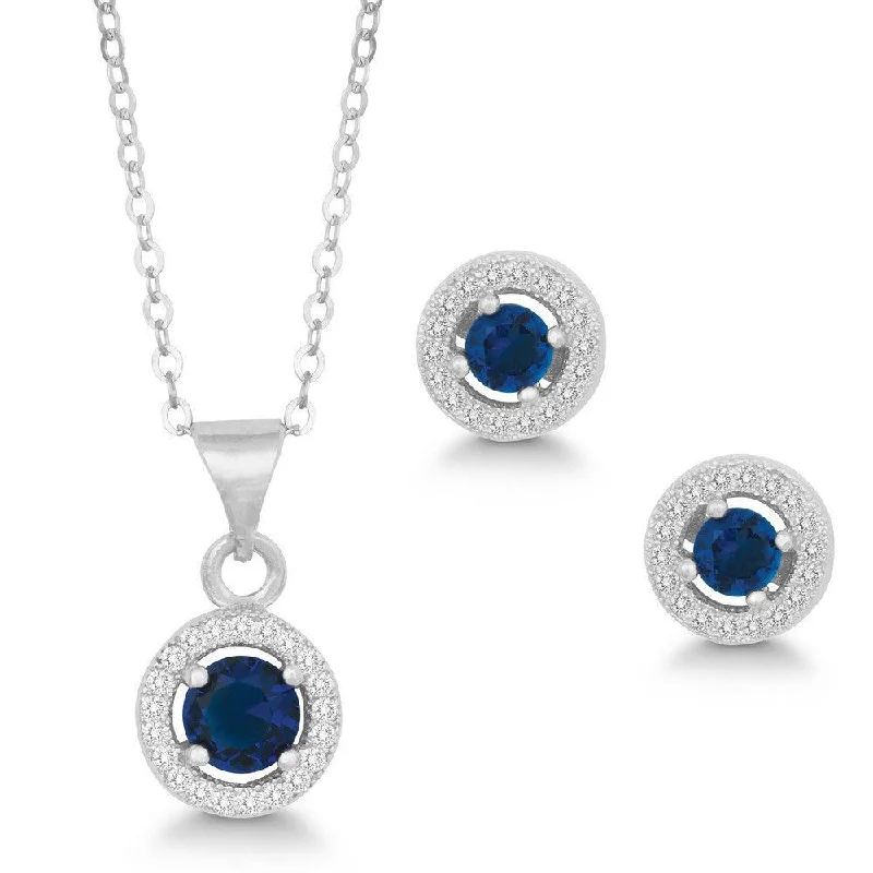 Women's casual earrings-Sterling Silver Round Navy Blue CZ Pendant and Earrings Set