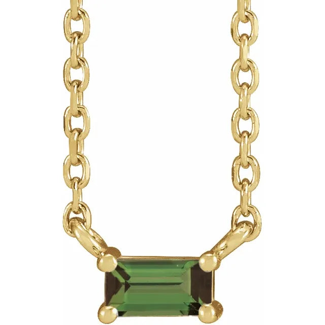 Women's crystal necklaces-Tiny 14K Yellow Gold Natural Green Tourmaline Solitaire, comes with 18" Necklace