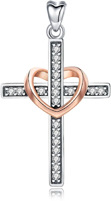 Women's pearl necklaces-Jewelry Trends CZ Cross with Heart Sterling Silver Pendant Necklace 18"