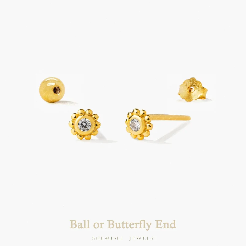 Women's custom engraving earrings-Super Tiny Beaded Bezel CZ Stud Earrings, Unisex, Gold, Silver SHEMISLI SS975 Butterfly End, SS976 Screw Ball End (Type A)