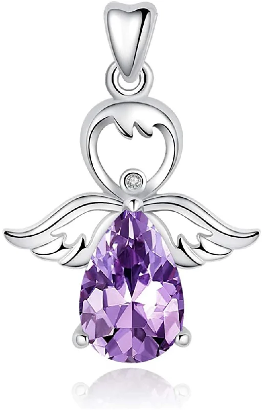 Women's pet memorial necklaces-Jewelry Trends Angel of Faith CZ Sterling Silver Pendant Necklace 18" Purple