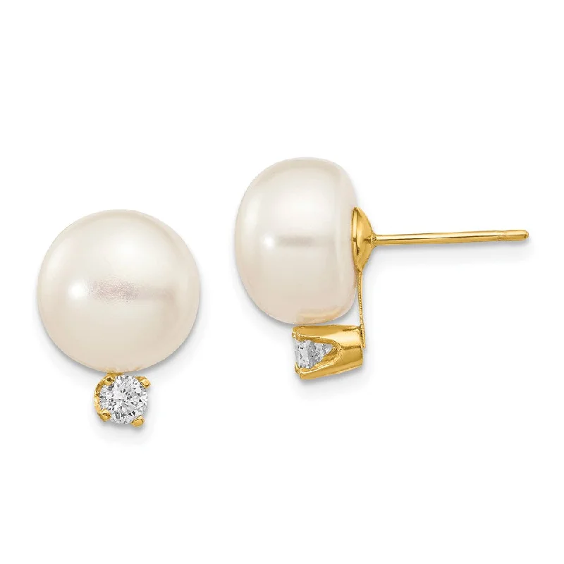 Women's pet memorial earrings-14k 10-11mm White Button FW Cultured Pearl .2ct Diamond Post Earrings