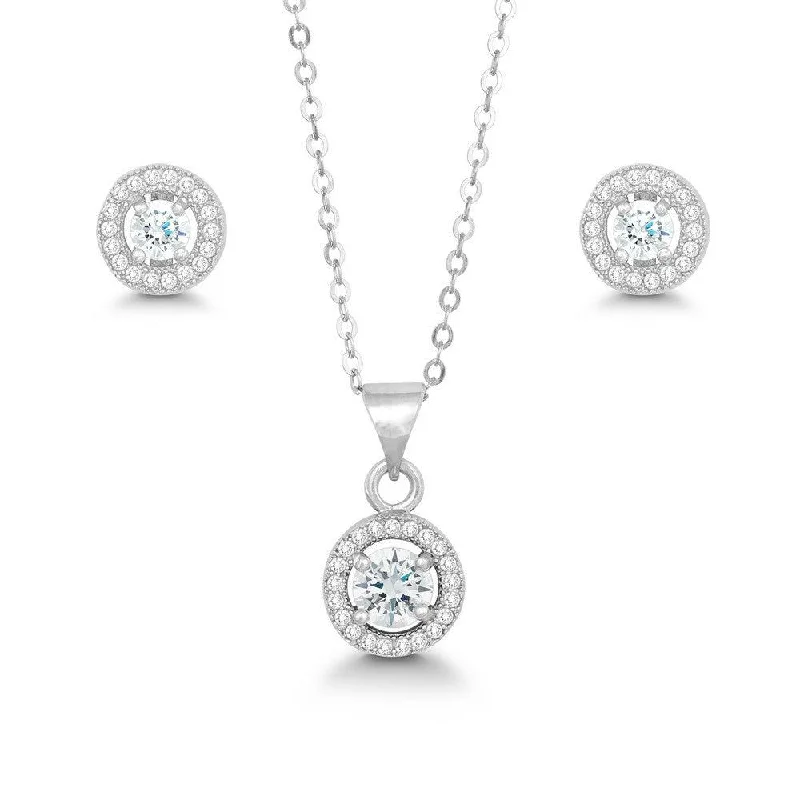 Women's travel earrings-Sterling Silver Prong Round Clear CZ Pendant and Earrings Set