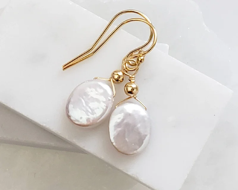 Women's birthstone earrings-Dainty Coin Pearl Earrings