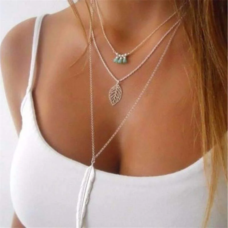 Women's religious necklaces-Multi-Layer Turquoise & Leaf Necklace