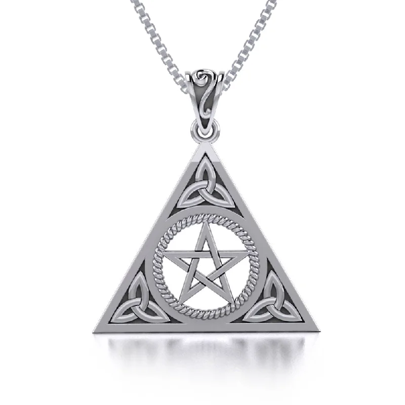 Minimalist women's necklaces-Jewelry Trends Celtic Trinity Pentacle Sterling Silver Triangle Pendant Necklace 18"