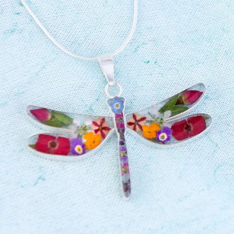 Women's DNA necklaces-Real Flowers & Sterling Dragonfly Necklace