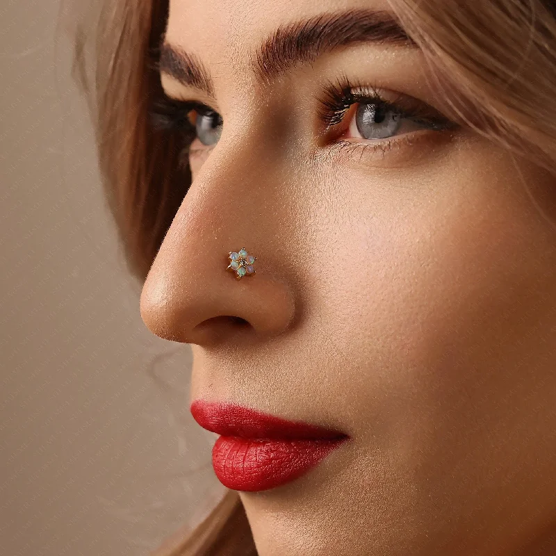 Women's beaded earrings-Tiny 6 Petal Opal Stone Threadless Flat Back Nose Stud, 20,18,16ga, 5-10mm, Unisex, Surgical Steel, SHEMISLI SS559