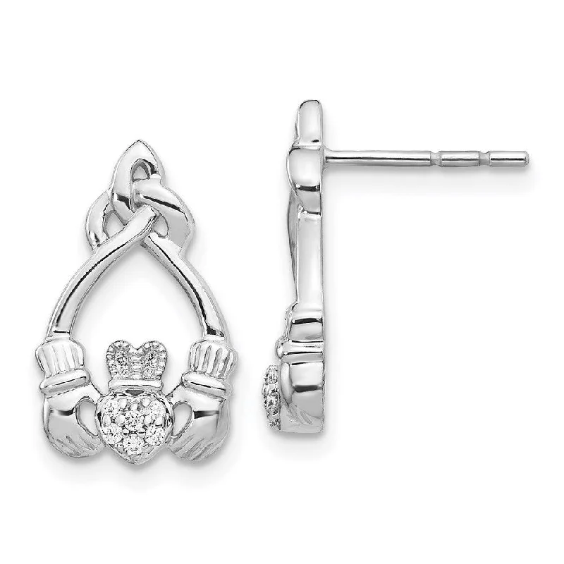 Women's Valentine's Day earrings-14k White Gold Diamond Claddagh Post Earrings