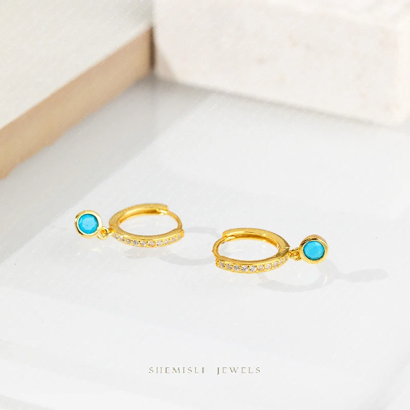 Women's mother-daughter earrings-Turquoise CZ Hoop Earrings, Huggies, Gold, Silver SHEMISLI SH202