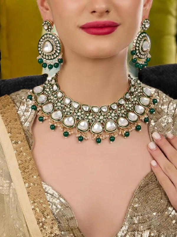 Women's party earrings-Green Stone Beads Kundan Necklace Earring Maangtika, Indian Pearl Choker Set, Earrings Maangtika Set, Pakistani Jewellery Set, Indian Pearl Kundan jewelry Set