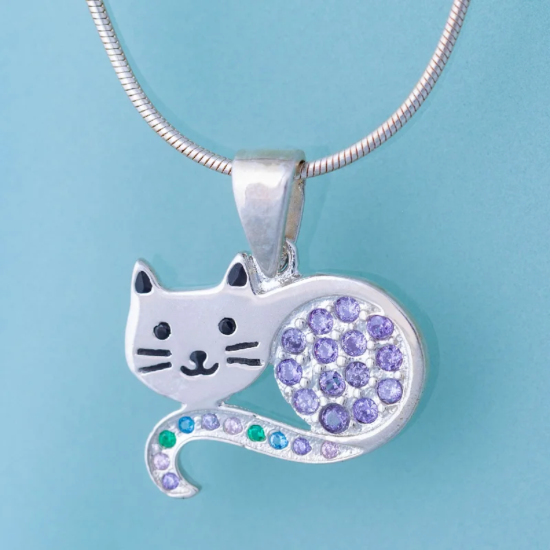 Women's anniversary necklaces-Sweet Kitty Cat Sterling & Crystal Necklace