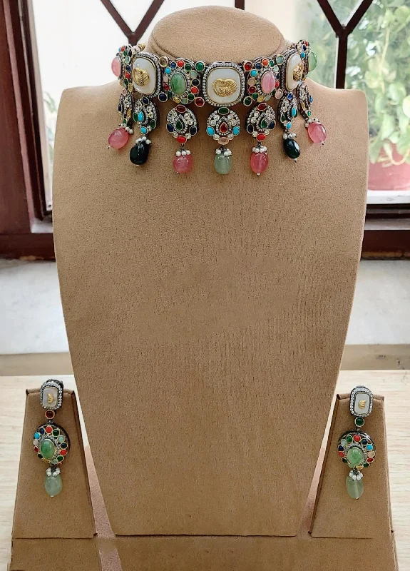 Handmade women's earrings-Multicolor Choker Necklace Earrings Set Perfect Bollywood Statement Indian Bridal Weddings Set