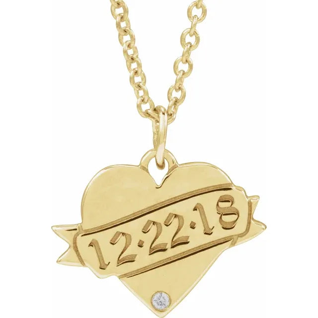 Women's K gold necklaces-14K Yellow .005 CT Natural Diamond Engravable Heart comes with  18" Necklace