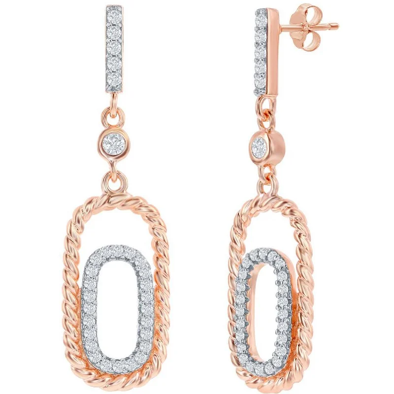 Women's vintage-inspired earrings-Classic Women's Earrings - Rose Gold Plated Double Rectangle White CZ Stone | D-8154