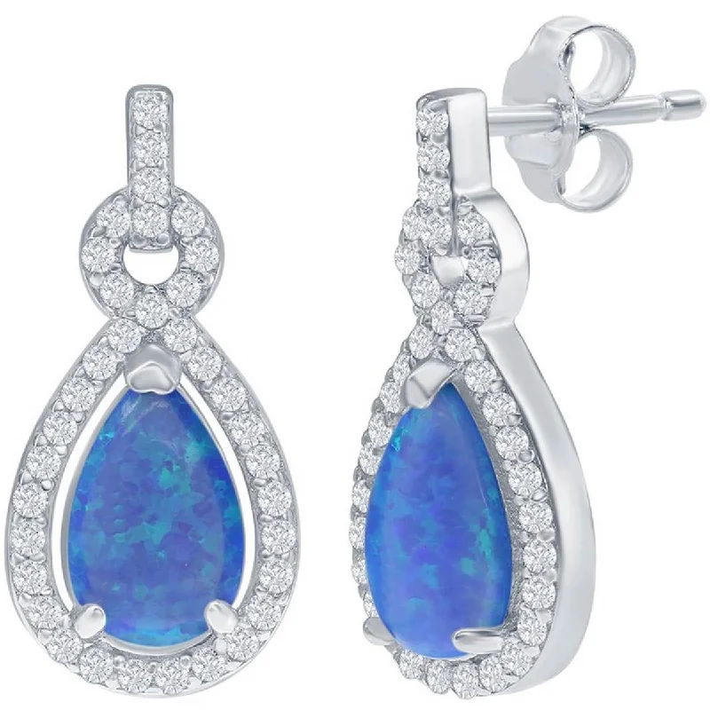 Women's emerald earrings-Opalata Women's Earrings - Blue Opal Pearshaped with White CZ Stone Border | D-7931