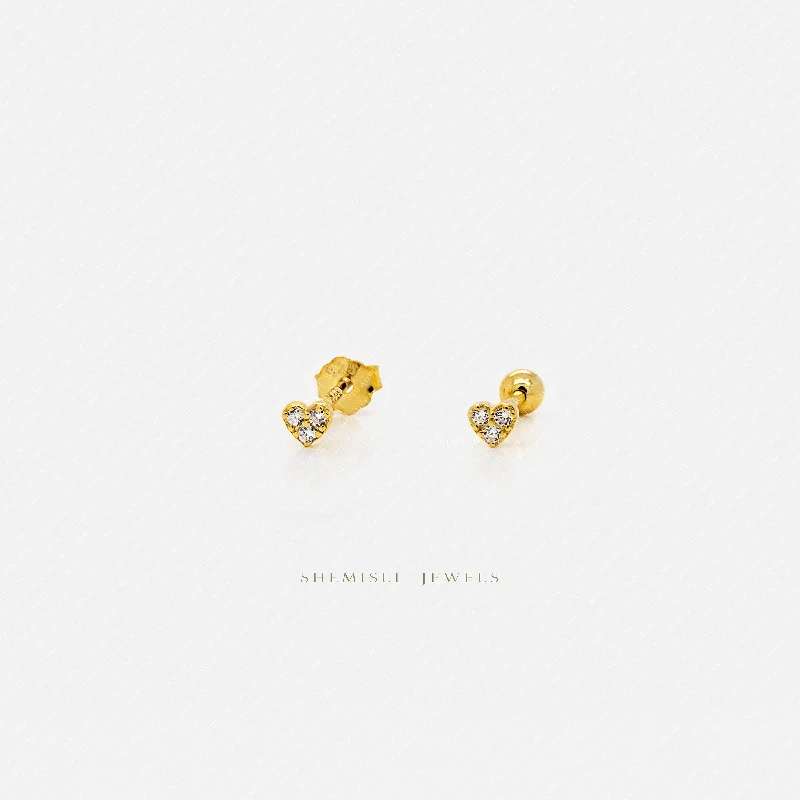 Women's vintage-inspired earrings-Super Tiny Paved Stone Heart Stud, Unisex, Gold, Silver SHEMISLI SS435 Butterfly End, SS436 Screw Ball End (Type A)