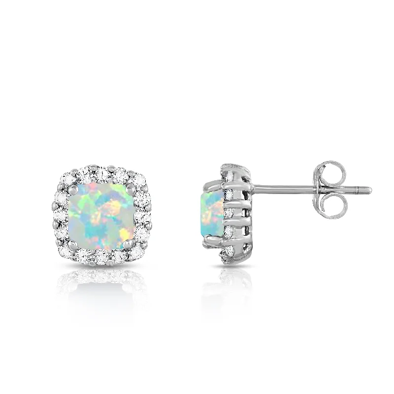 Women's leather earrings-Sterling Silver Cushion Cut Opal Halo Stud Earrings