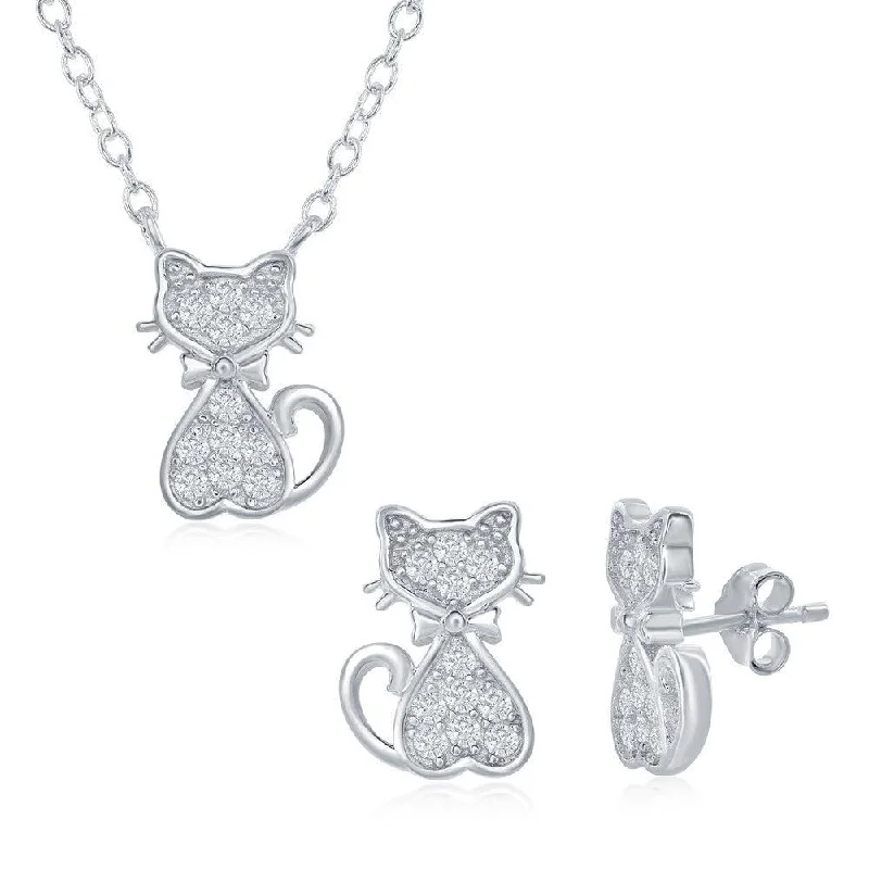 Women's mother-daughter earrings-Sterling Silver Small CZ Cat Necklace and Earrings Set