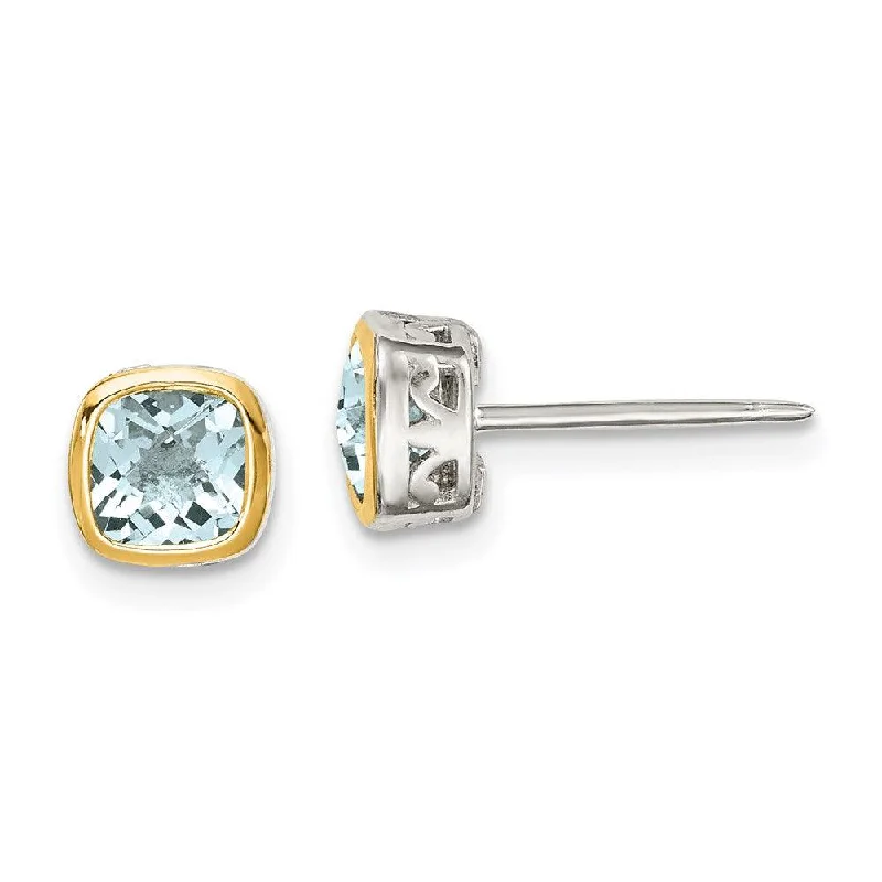 Women's gemstone earrings-Sterling Silver w/ 14K Accent Aquamarine Square Stud Earrings