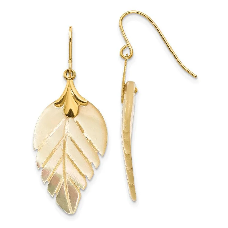 Women's Buddha earrings-Madi K Kid's 14k  Mother of Pearl Leaf Dangle Earrings