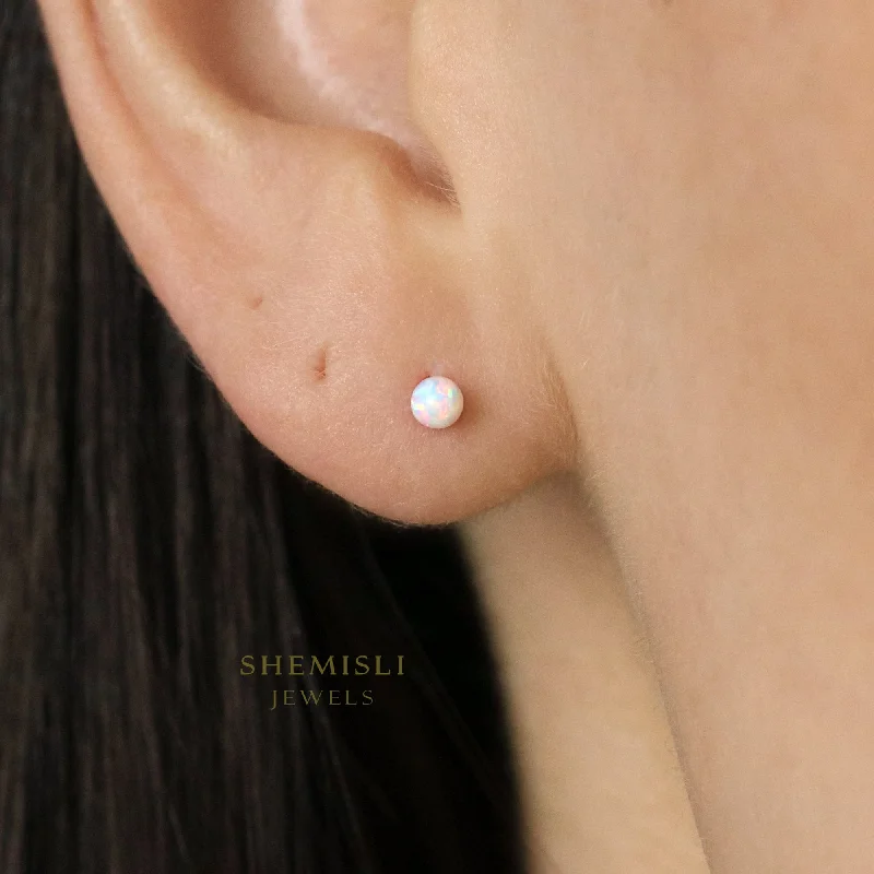 Women's family earrings-Dainty Opal Ball Studs, Unisex, Sterling Silver SHEMISLI - SS202