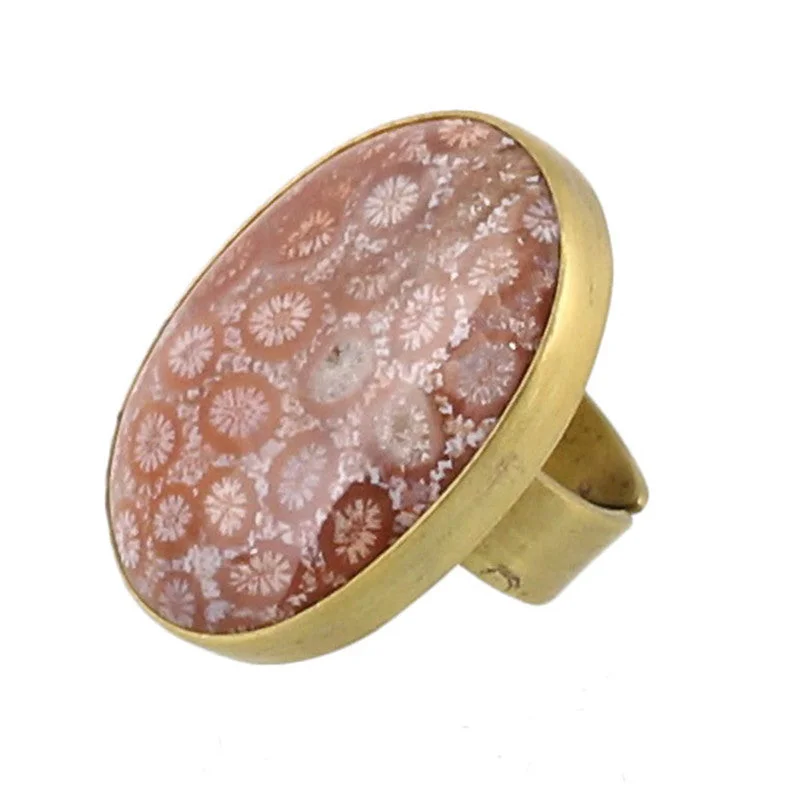 Women's custom engraving rings-Brass Bezel Set Ring - Fossilized Coral