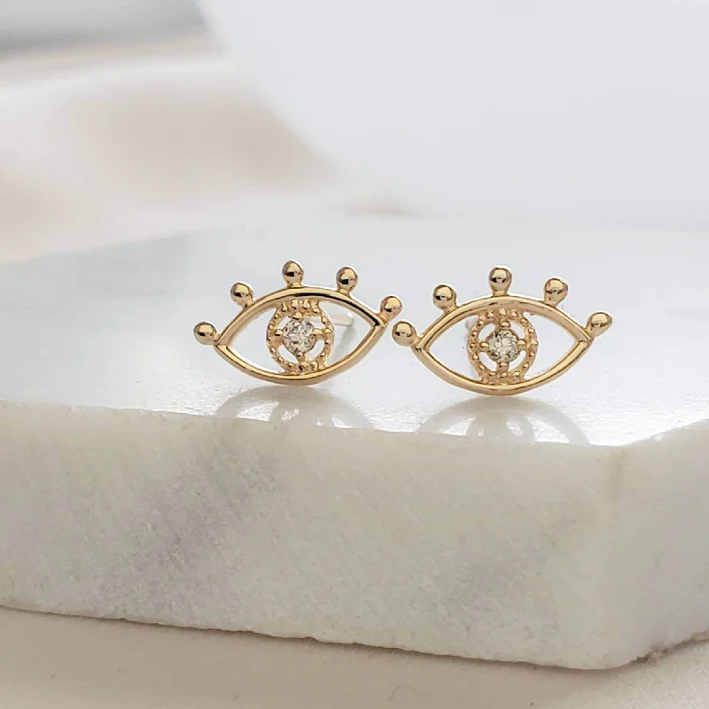 Custom women's earrings-14k Gold Evil Eye Stud Earrings with Genuine Diamond Accent