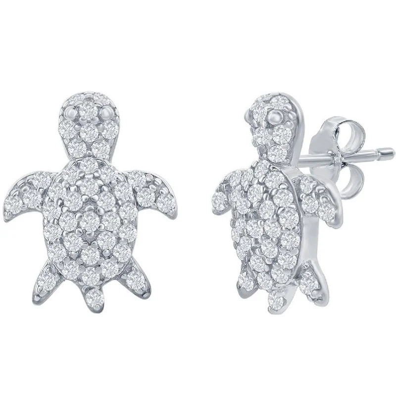 Trendy women's earrings-Classic Women's Earrings - Sterling Silver CZ Turtle Stud Post Back Closure | D-7981