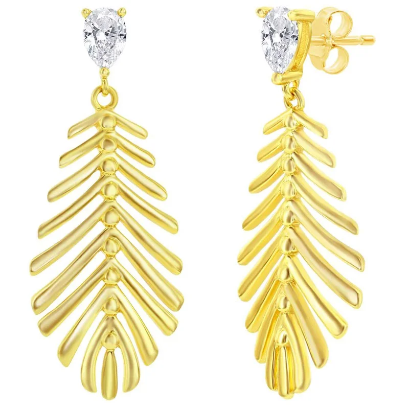 Women's lightweight earrings-Classic Women's Earrings - Cut-Out Leaf with Small Pear-Shaped CZ Dangle | D-8408-GP