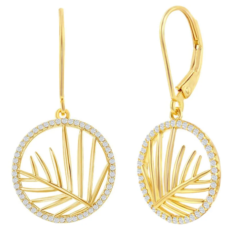 Women's handmade artisan earrings-Classic Women's Earrings - Round CZ Outline with Center Cut-Out Leaf | D-8409-GP