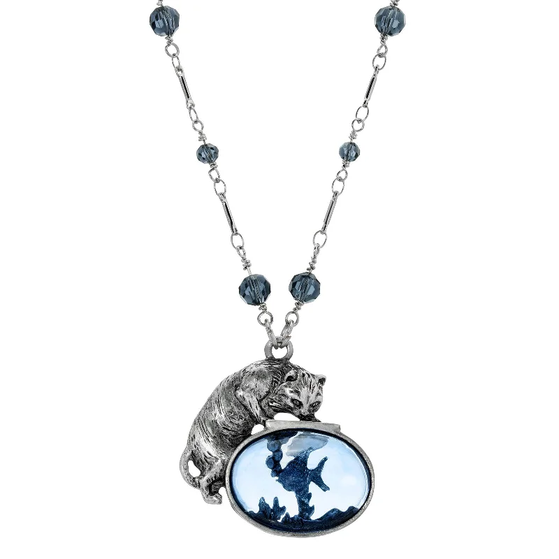 Women's rose gold necklaces-1928 Jewelry® Pewter Silver Montana Blue Beaded Cat And Fish 30 Inches Necklace