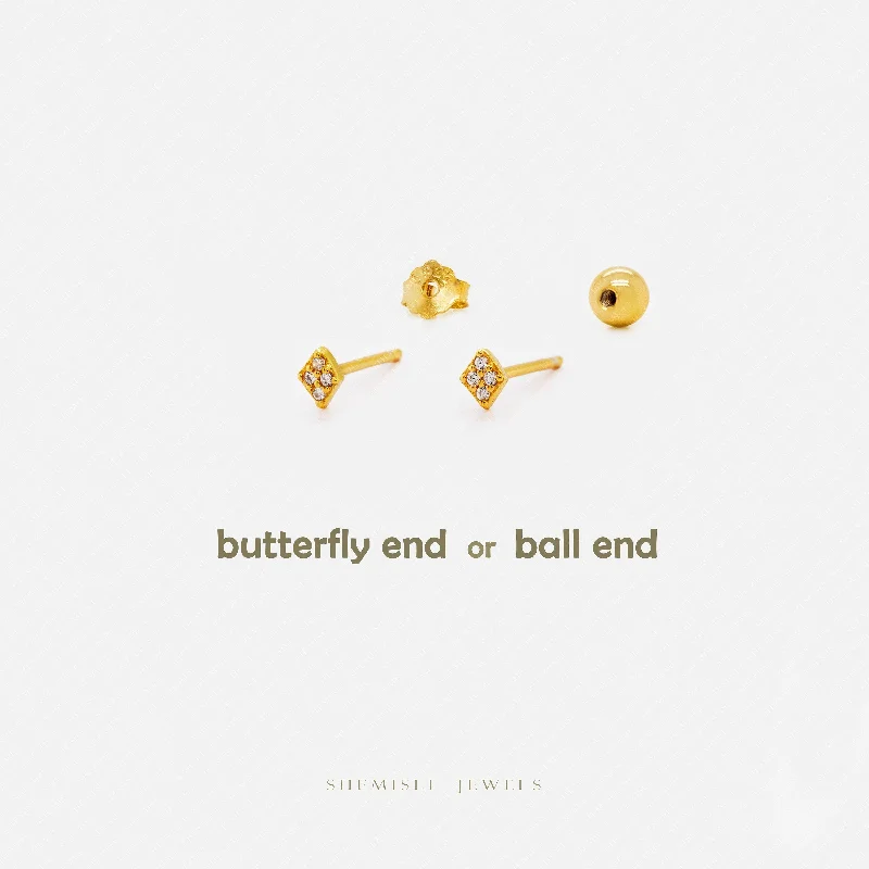 Women's modern earrings-Super Dainty CZ Diamond Shape Stud, Unisex, Gold, Silver SHEMISLI SS498 Butterfly End, SS499 Screw Ball End (Type A)