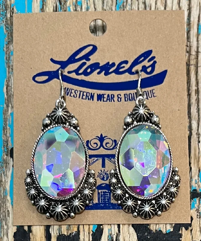 Women's art deco rings-Iridescent Oval Crystal Silver Earring