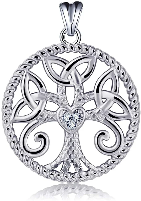 Women's luxury brand necklaces-Jewelry Trends Tree Of Life Trinity Knot CZ Heart Sterling Silver Pendant Necklace 18"