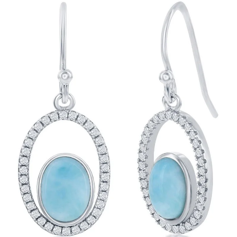 Women's statement earrings-Caribbean Treasures Women's Earrings - Sterling Silver Oval Larimar with CZ | D-7874