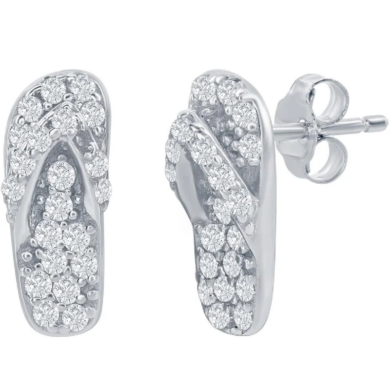 Custom women's earrings-Classic Women's Earrings - Sterling Silver White CZ Flip Flop Stud Post Back | D-7986