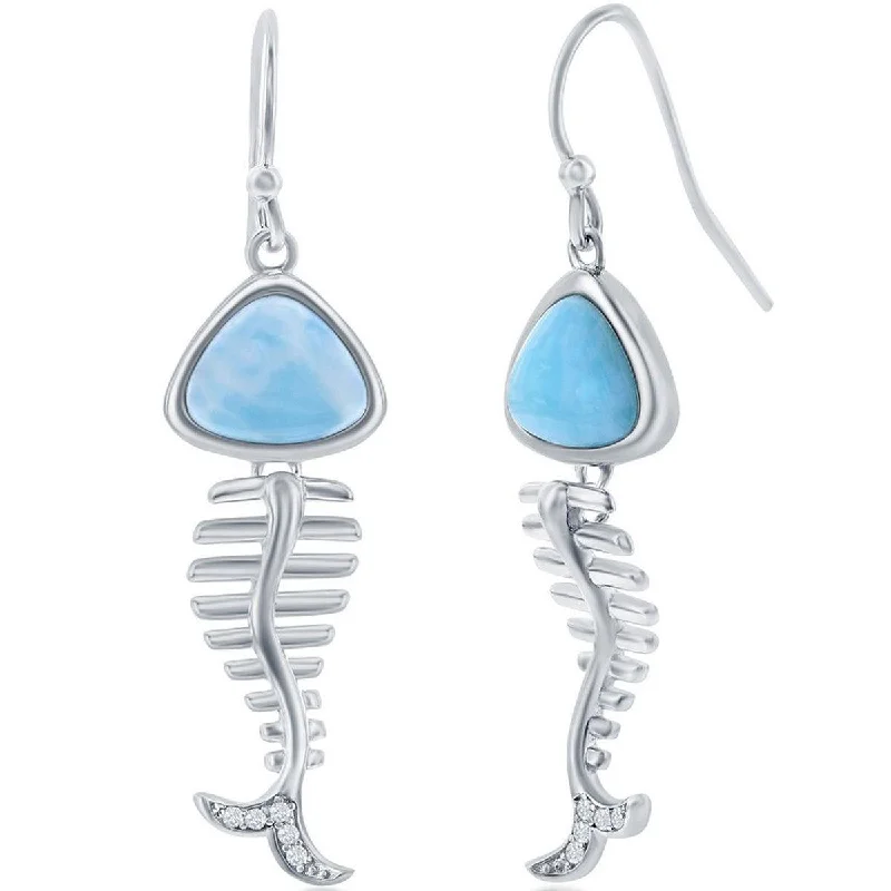 Women's gold earrings-Caribbean Treasures Women's Earrings - Blue Larimar and CZ Fish Skeleton | D-7995