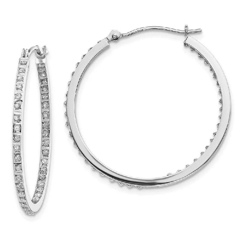 Women's cross earrings-14k White Gold Diamond Fascination Round Hinged Hoop Earrings