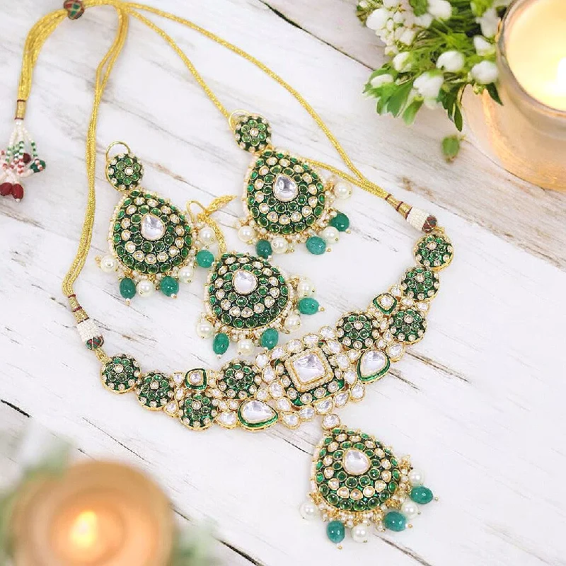 Women's vintage earrings-Luxurious Green Stone Kundan Choker Earrings Maangtika Set, Polki Stone Jewely Set, Polki Stones Necklace Set, Wedding Polki Choker Earrings Mangtika Set, Polki Mangtika Jewelry, Indian Polki Choker Set