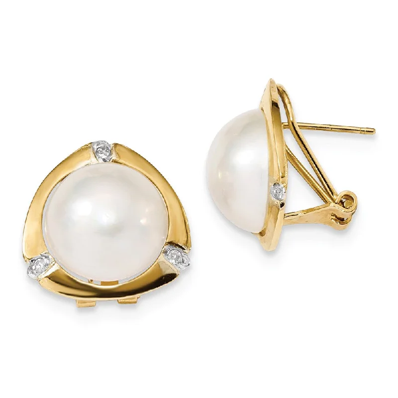 Women's DNA earrings-14k 12-13mm White Saltwater Mabe Pearl .06ct Diamond Omega Back Earrings