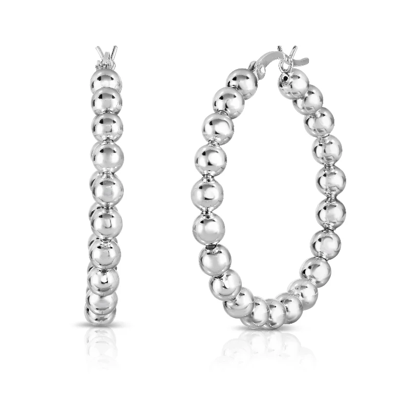 Women's eco-friendly earrings-Solid Sterling Silver Beaded French Lock Hoop Earrings