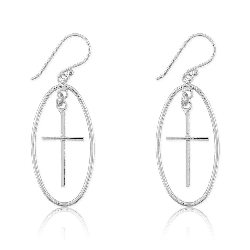 Women's healing crystal earrings-Sterling Silver Large Open Oval with Cross Earrings