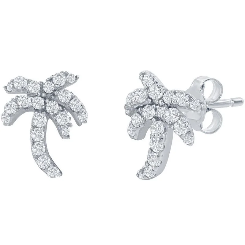 Women's diamond earrings-Classic Women's Earrings - Sterling Silver White CZ Palm Tree Stud Post Back | D-7987