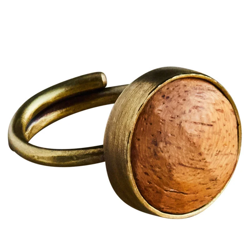 Women's fashion rings-Penny Ring, Brass, Light Wood